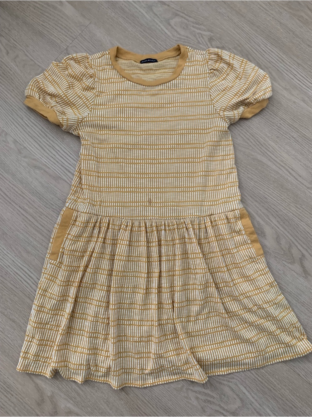 Girls' Mustard and Cream Striped Puff-Sleeve Mini Dress